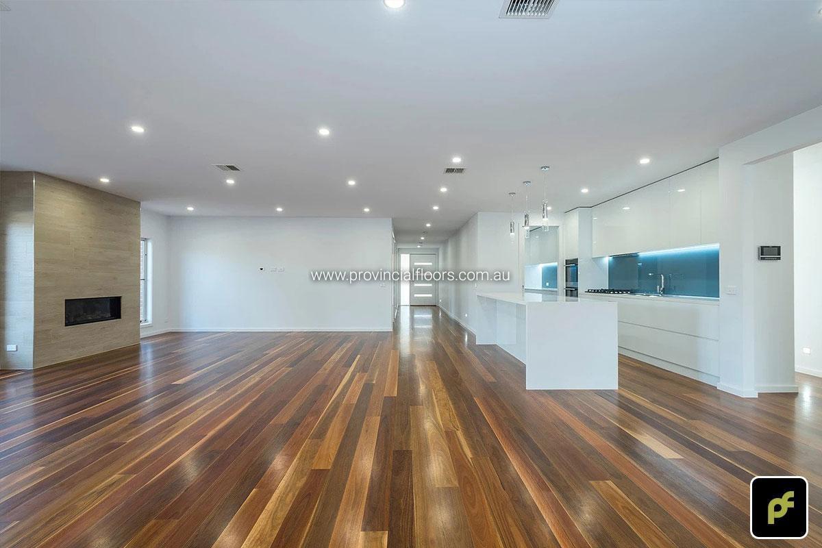 180mm x 14mm Select Grade Spotted Gum Strip Timber Flooring. Finished with Water-Based Polyurethane. Satin in sheen.