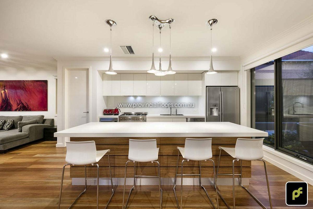 130mm x 14mm Select Grade Spotted Gum Strip Timber Flooring. Finished with Water-Based Polyurethane. Satin in sheen.