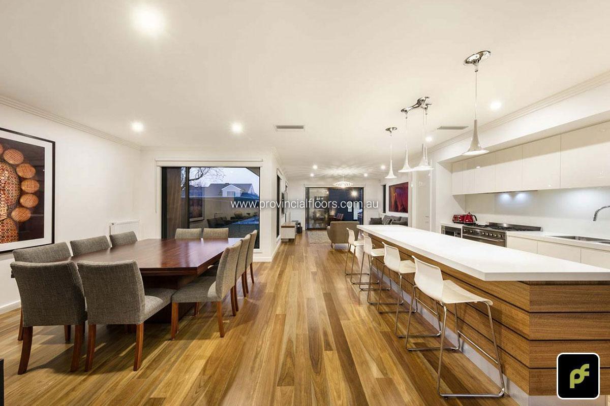 130mm x 14mm Select Grade Spotted Gum Strip Timber Flooring. Finished with Water-Based Polyurethane. Satin in sheen.