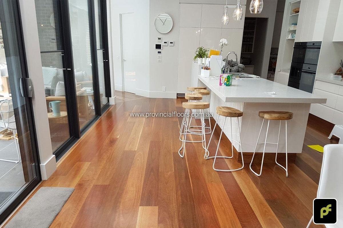 180mm x 14mm Select Grade Spotted Gum Strip Timber Flooring. Finished with Water-Based Polyurethane. Satin in sheen.
