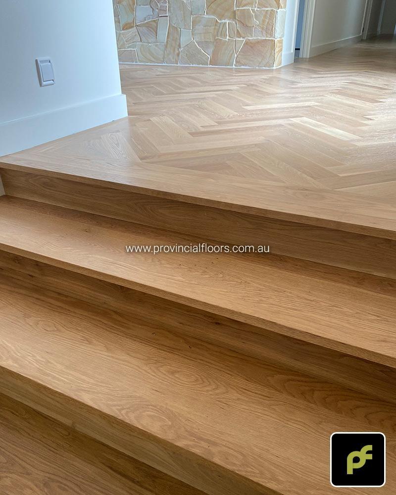 Solid American Oak Staircase Dressed and Polished. Finished with a Custom Coloured Oil/Wax Finish. Matte in sheen.