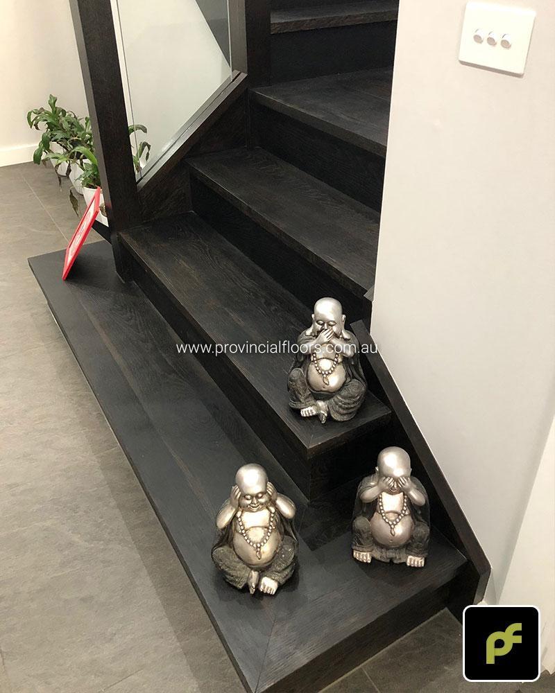 Solid American Oak Staircase Dressed and Polished. Finished with a Custom Coloured Oil/Wax Finish. Matte in sheen.