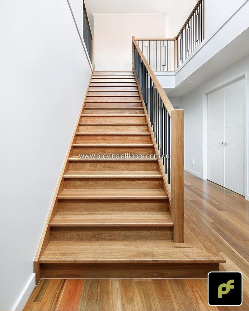 Solid Spotted Gum Staircase Polished. Finished with a Waterbased Polyurethane. Satin in sheen.