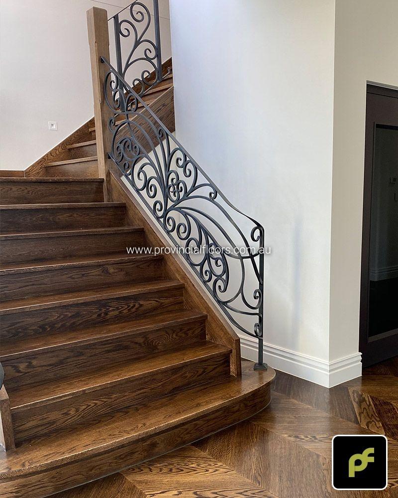 Solid American Oak Staircase Polished. Stained and Finished with a Waterbased Polyurethane. Satin in sheen.