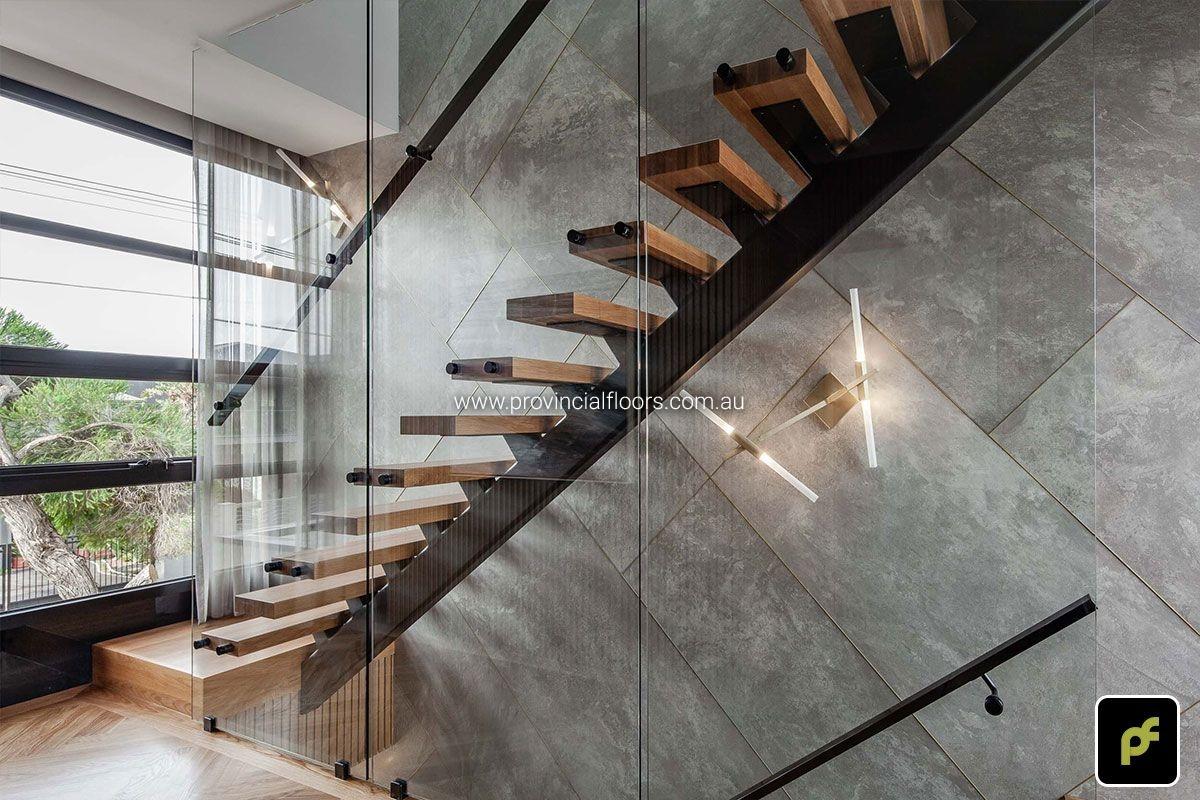 Solid American Oak Staircase Polished. Stained and Finished with a Waterbased Polyurethane. Satin in sheen.