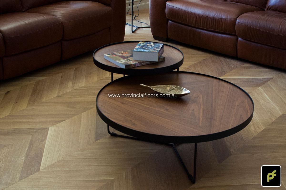 European Oak Chevron Parquetry with a Natural Coloured Oil/Wax Finish. Matte in sheen and easily repairable.