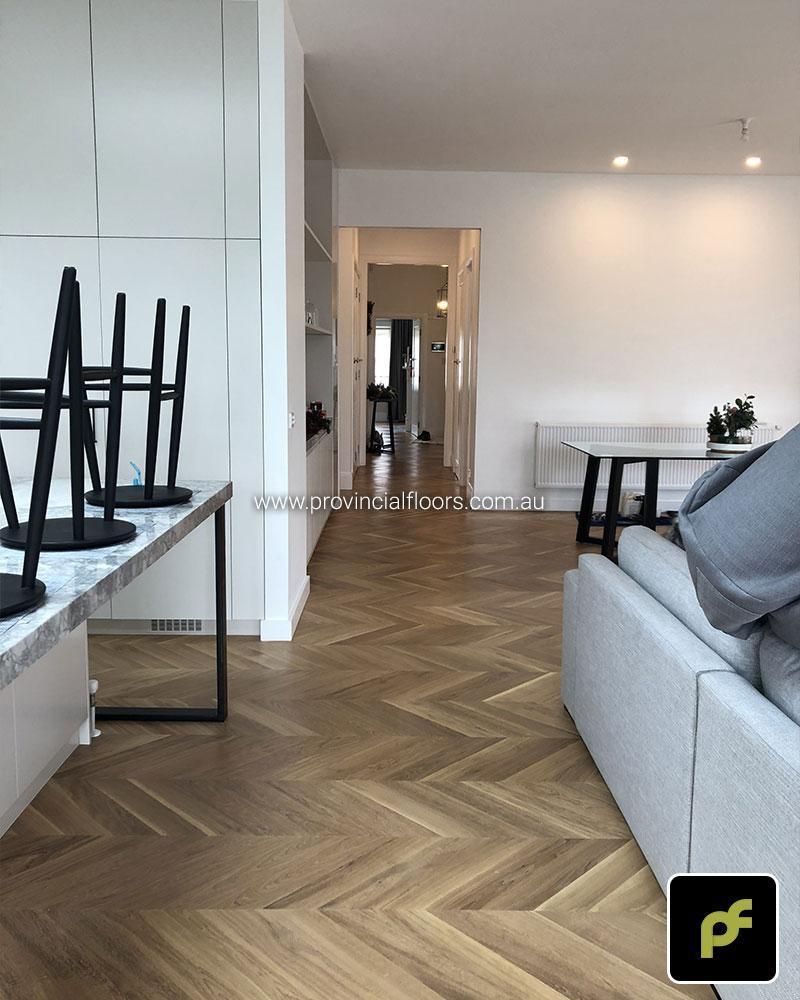 European Oak Chevron Parquetry with a Natural Coloured Oil/Wax Finish. Matte in sheen and easily repairable.