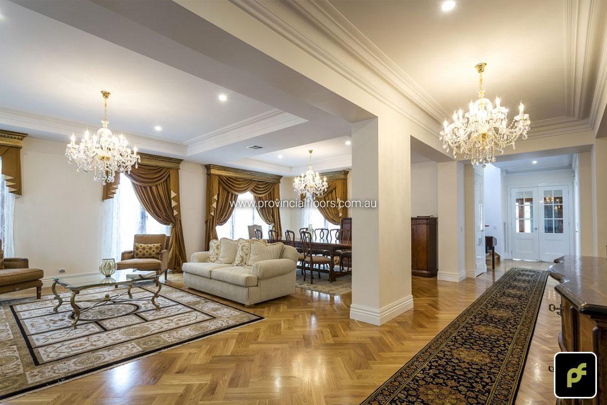 European Oak Double Herringbone Parquetry with a Water-Based Polyurethane Finish. Satin in sheen.