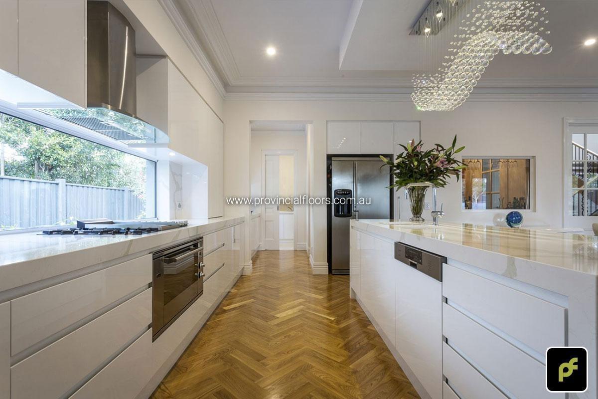 European Oak Double Herringbone Parquetry with a Water-Based Polyurethane Finish. Satin in sheen.