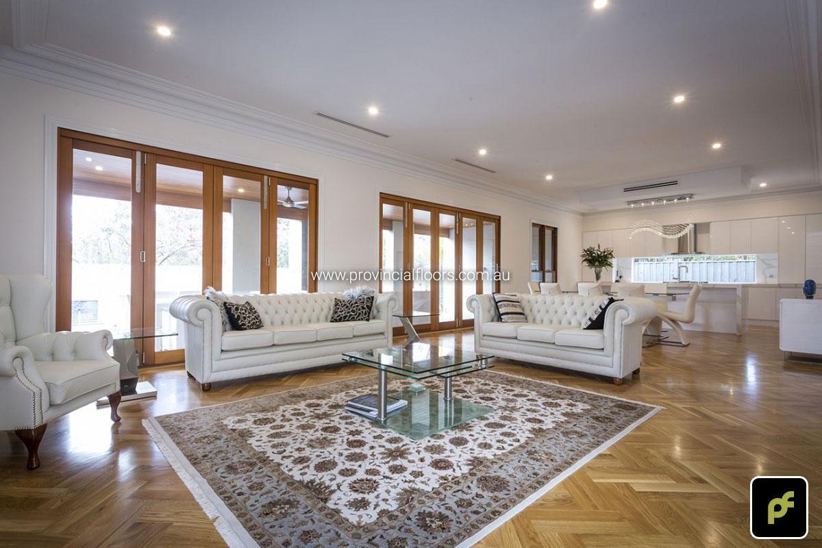 European Oak Double Herringbone Parquetry with a Water-Based Polyurethane Finish. Satin in sheen.