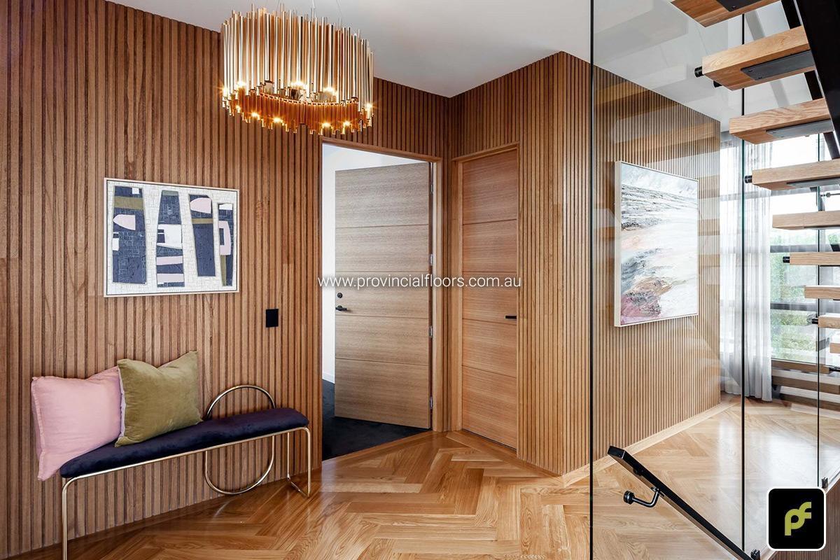 American Oak Herringbone Parquetry with a Stained Water-Based Polyurethane Finish. Satin in sheen.