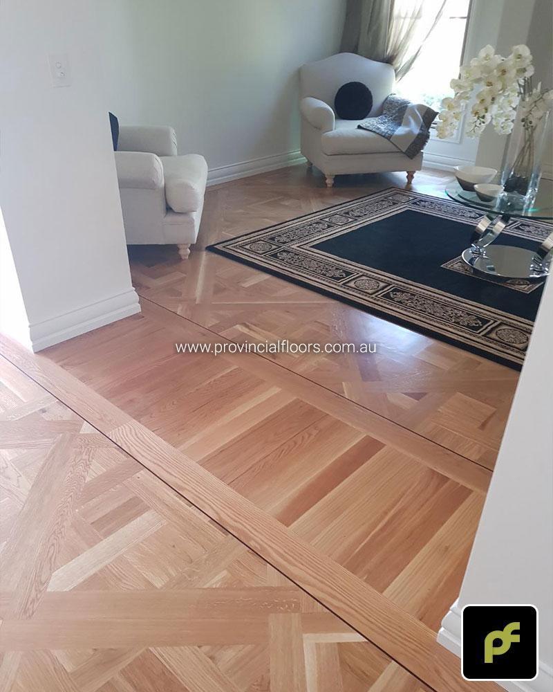 French European Oak Marie Antoinette Parquetry Panels with a circumnavigating border design. With a Water-Based Polyurethane Finish. Satin in sheen.