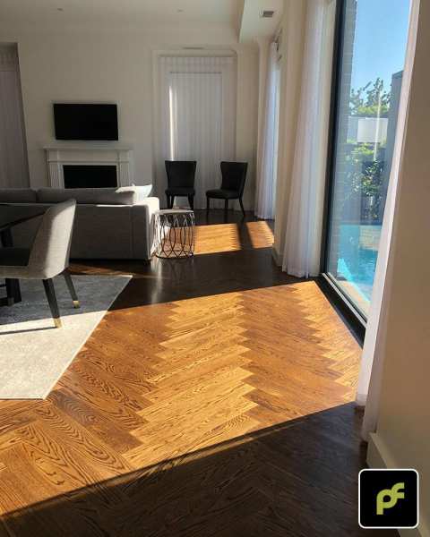 American Oak Herringbone Parquetry with a Stained Water-Based Polyurethane Finish. Satin in sheen.
