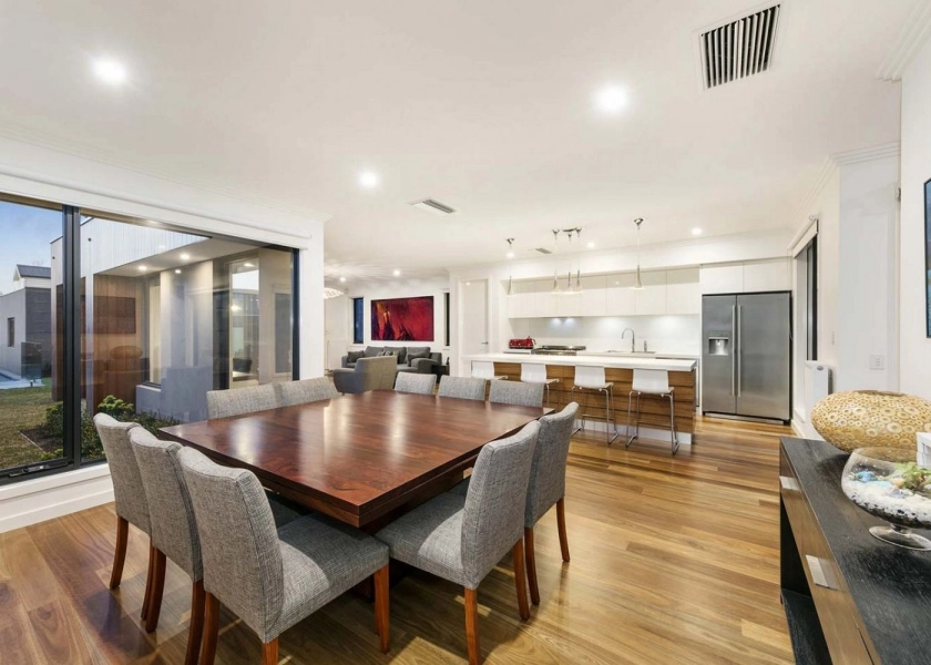 130mm x 14mm Select Grade Spotted Gum Timber Flooring. Finished with Waterbased Coating. Satin in sheen - Traditional Dining