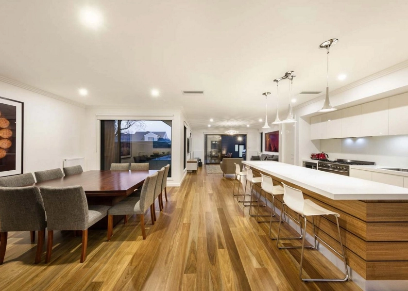 130mm x 14mm Select Grade Spotted Gum Timber Flooring. Finished with Waterbased Coating. Satin in sheen - Traditional Living Area