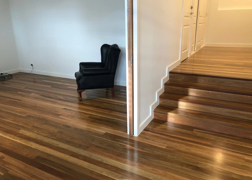 83mm x 14mm Select Grade Spotted Gum Timber Flooring. Finished with Waterbased Coating. Satin in sheen - Rumpus