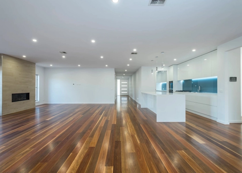 180mm x 14mm Select Grade Spotted Gum Timber Flooring. Finished with Waterbased Coating. Satin in sheen - Modern Living Room