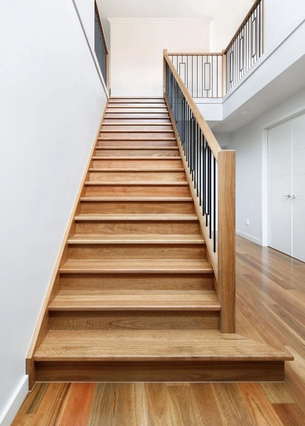 130mm x 14mm Select Grade Spotted Gum Timber Flooring. Finished with Waterbased Coating. Satin in sheen - Stairs