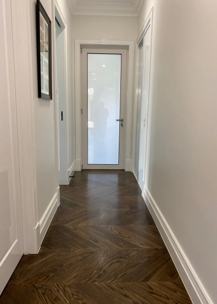 European Oak Chevron Parquetry Flooring, Stained and finished with Waterbased Coating. Satin in sheen - Walkway