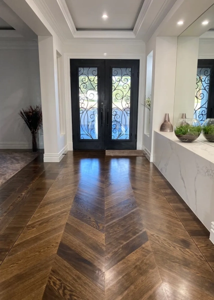 European Oak Chevron Parquetry Flooring, Stained and finished with Waterbased Coating. Satin in sheen - Entry Hallway