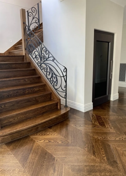 European Oak Chevron Flooring, Stained and finished with Waterbased Coating. Satin in sheen - Stairs