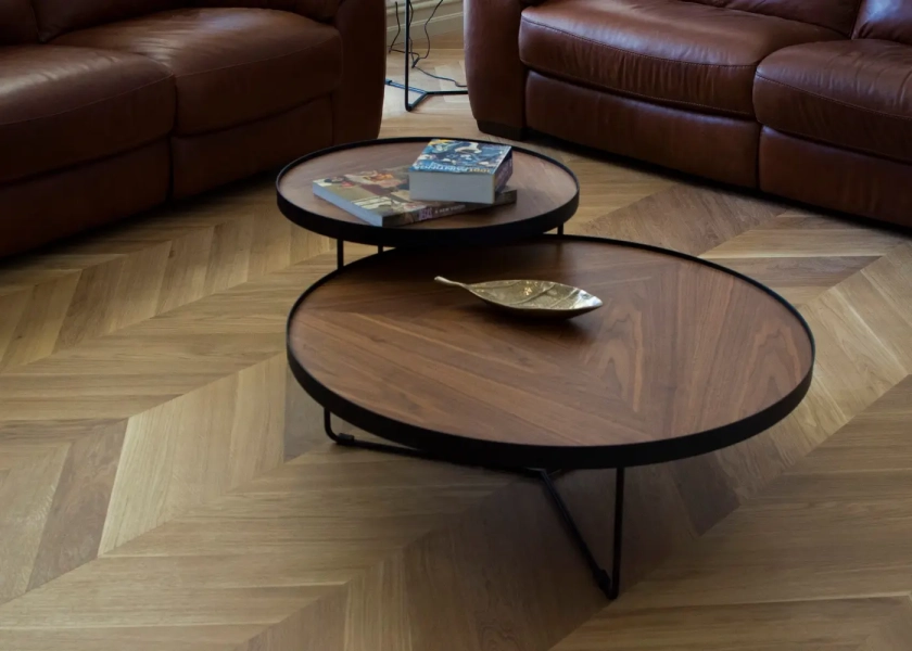 European Oak Chevron Flooring with a Natural Coloured Oil/Wax Finish. Matte in sheen - Table