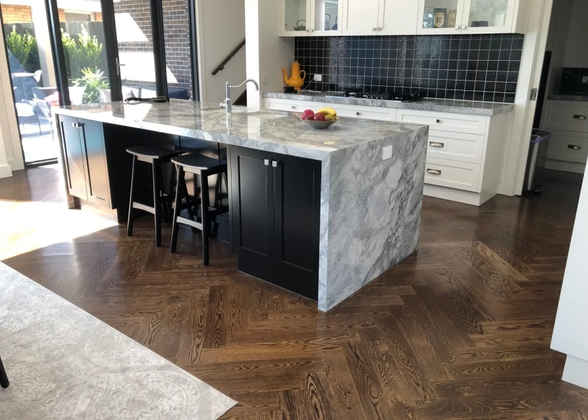 American Oak Herringbone Parquetry Flooring with a Stained Waterbased Coating. Satin in sheen - Kitchen 