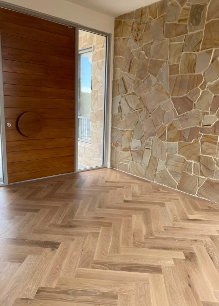 American Oak Herringbone Parquetry Flooring with Custom Border Designs. With a Custom Coloured Oil/Wax Finish. Matte in sheen - Front Door