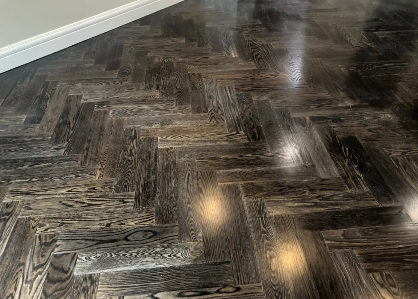 European Oak Herringbone Parquetry Flooring with a Stained Waterbased Coating. Satin in sheen - Up Close