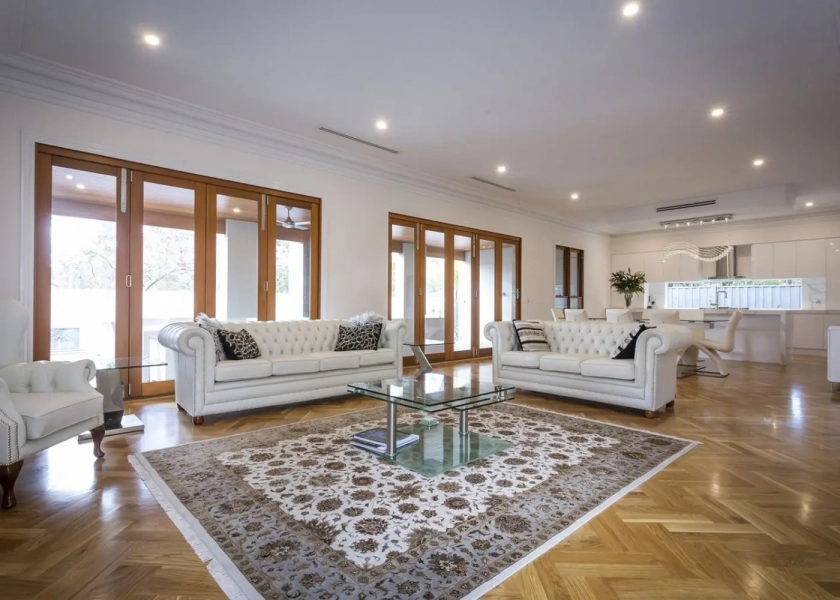 European Oak Double Herringbone Parquetry Flooring with a Waterbased Coating. Satin in sheen - Living Room