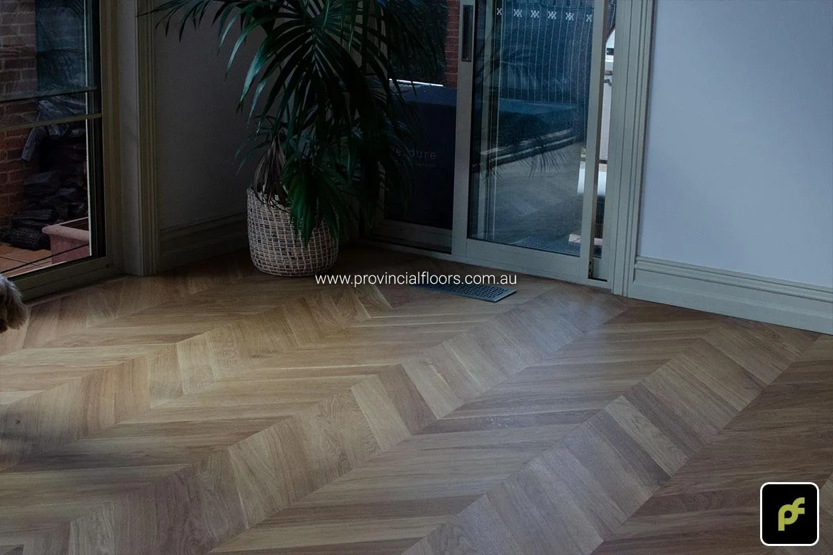 European Oak Chevron Parquetry with a Natural Coloured Oil/Wax Finish. Matte in sheen and easily repairable.