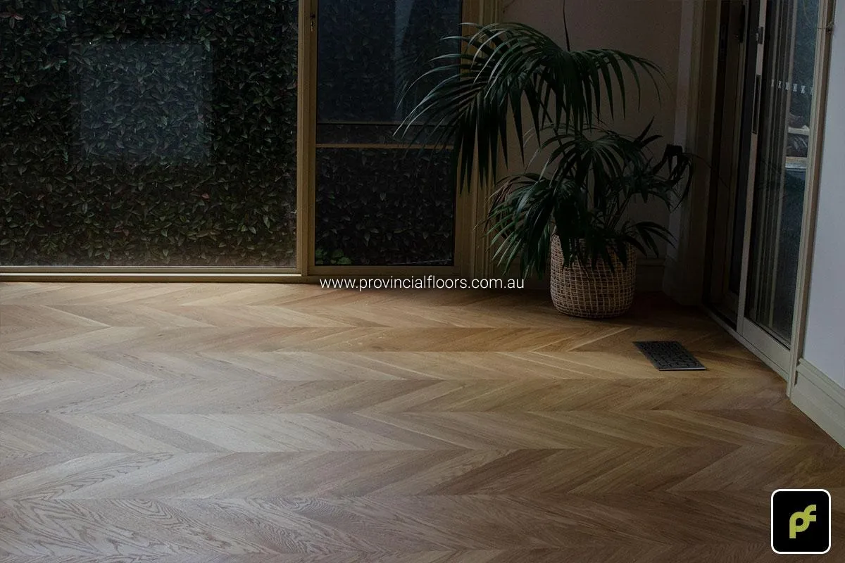 European Oak Chevron Parquetry with a Natural Coloured Oil/Wax Finish. Matte in sheen and easily repairable.